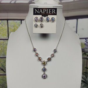 NEW NAPIER SILVER TONE MULTI-COLOR CRYSTAL Y DROP NECKLACE AND EARRING SET